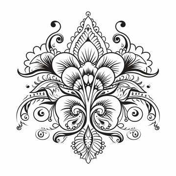 A circular design like a mandala, meant for henna, mehndi, tattoos, or decoration. It's a decorative pattern inspired by ethnic and oriental styles. You can color it like in a coloring book.