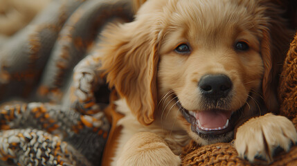 Golden Retriever puppy cuddled in a knitted blanket showing a big joyful smile.