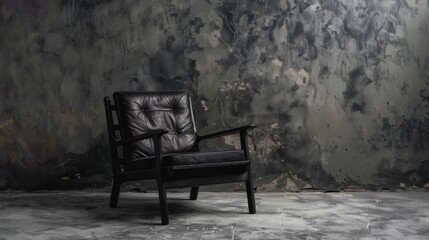 Fototapeta na wymiar A stylish designer black leather chair set against a grey backdrop. This piece of seating furniture exudes contemporary elegance.