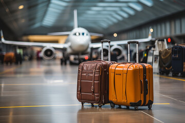 Private jet plane and suitcase. A businessman moved his luggage to a jet aircraft hangar for an...