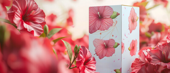 A box of Hibiscus sabdariffa ecological packaging with a blurred background