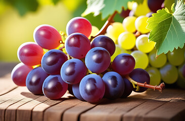 A close-up photo of a bunch of grapes on a sunny day. Winemaking. Industrial scales. New wine. High...