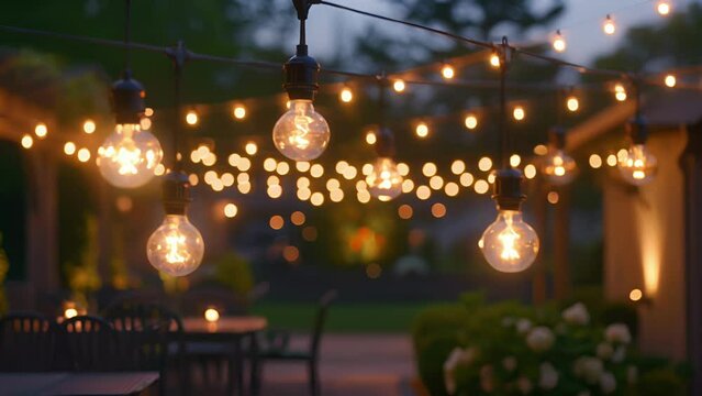A of globe lights strung above a patio casting a warm and romantic glow over a small outdoor wedding reception.
