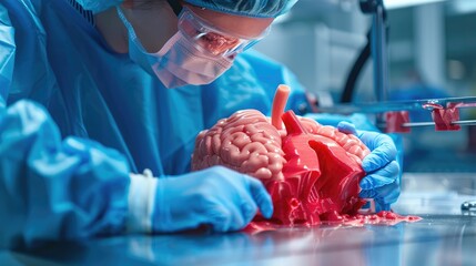 Medical 3D organ printing of model transplantation organ biological engineering in healthcare for surgical instruments, orthopedic and dental implants, AI generated for ads