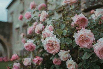 a bush of pink roses in front of a building