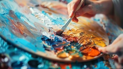 A close-up of hands holding a paint palette and mixing vibrant colors with a brush