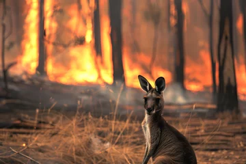 Fotobehang featuring a kangaroo with a burning forest in the background © Gita
