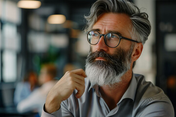 Senior creative with beard contemplating at modern office space - obrazy, fototapety, plakaty