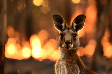 Foto op Plexiglas close-up, featuring a kangaroo with a burning forest in the background © Gita