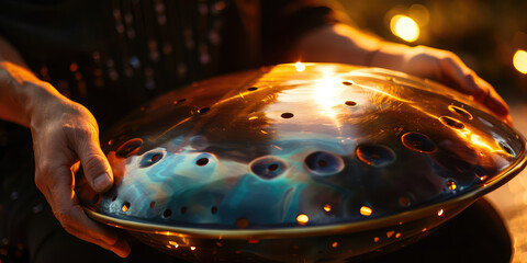 Handpan Percussion Instrument Close-Up. Close-up of a handpan showing the intricate pattern and warm metallic glow, evoking musical creativity. - obrazy, fototapety, plakaty