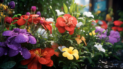 Obraz premium Thunderstorm adding a dynamic touch to a colorful garden 