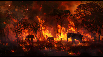 Elephants run, from the burning jungle, depicting animals fleeing from a burning forest - obrazy, fototapety, plakaty