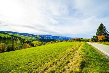 Autumnal landscape in the Black Forest. Nature with forests, hills and fields.
