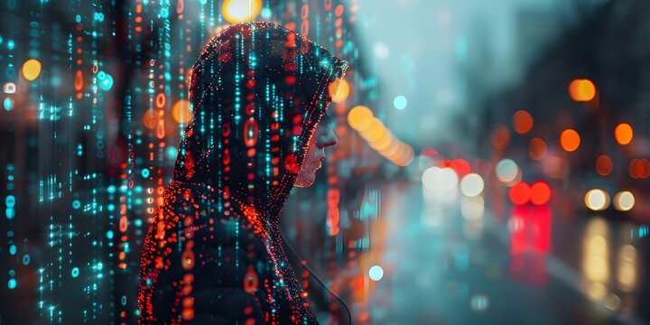 In a digital world a hooded figure represents cybersecurity threats and challenges. Concept Digital Security, Cyber Threats, Hooded Figure, Technology Challenges, Online Protection