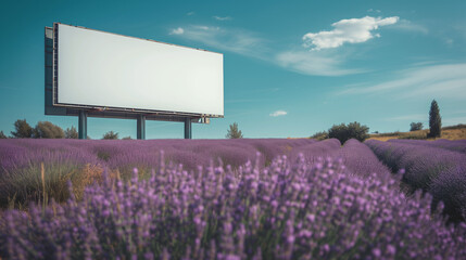 Blank billboard standing in lavender fields.