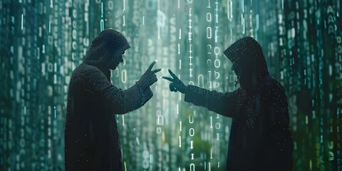 Anonymous cyber attacker confronts a defender in digital battleground symbolizing cybersecurity war. Concept Cybersecurity War, Digital Battleground, Anonymous Attacker, Defender Challenge
