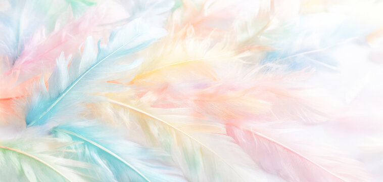 Background image of a large number of feathers in pastel rainbow colors