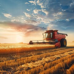 Obraz premium Combine harvester mows grain in the field. Agricultural concept.