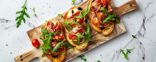 Toasted crispy toast with mozzarella, ham and tomatoes on a wooden board on a marble background.