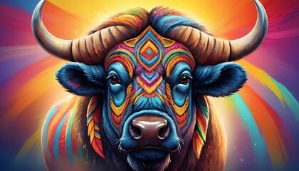 Patterned colorful head of a bull, bison. Abstract ethnic image of african of a buffalo with an unusual ornament. Colorful rainbow decoration painted by hand. Series of animals in the ethnic style.