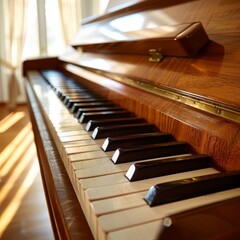 Wooden piano in the music classroom.