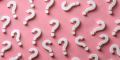 Pink with white question marks forming a pattern symbolizing dilemmas in life. Concept Life Dilemmas, Pink and White, Question Marks, Symbolic Pattern