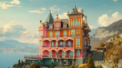 Fototapeta na wymiar beautiful colorful pastel vintage hotel near by the lake 