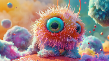 Fototapeta na wymiar colorful big eye furry alien on the colorful sci-fi planet