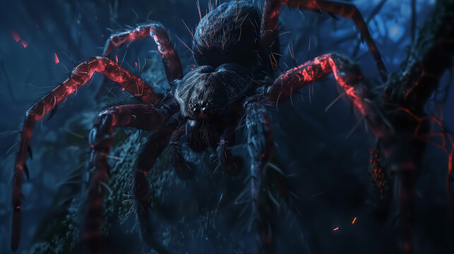 scary giant fantsay tarantula spider on the rock at night