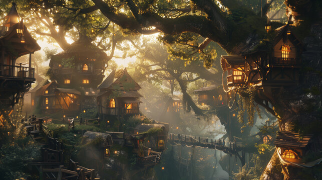 amazing fantasy tree house village in the forest with warm natural ight , elf village concept art