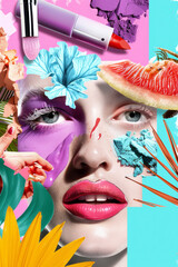 Contemporary fashion art collage, modern design. Make-up, beauty, cosmetic concept