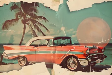 Classic car collage with palm trees on the beach.  Design for banner, poster. Summer vacation and...