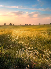 Beautiful morning natural summer landscape with a field of wild grass and textured expressive sky. Vibrant gold sunrise over a rural landscape.