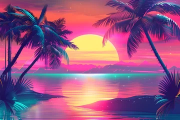 Foto op Plexiglas Retrowave neon beach with palm trees background. Synthwave, outrun aesthetic. Design for banner, poster. Summer vacation and travel concept © dreamdes