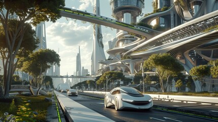 A vehicle navigates a thoroughfare surrounded by futuristic skyscrapers, illuminated by automotive lighting, with plants and trees lining the asphalt. AIG41