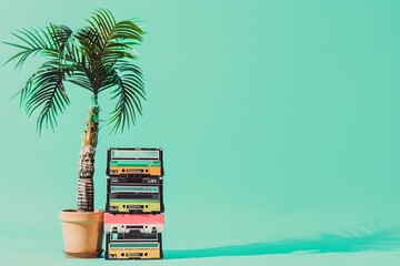 Palm tree with a stack of VHS cassette tapes on teal background. Summer vacation and travel concept. Design for banner, invitation with copy space.  - obrazy, fototapety, plakaty