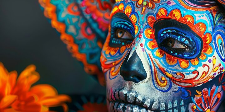 Cinco de Mayo. Calavera: Abstract Mexican Skull Face Paint with Intricate Floral Patterns and Vibrant Colors