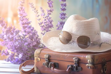 Straw hat and sunglasses on vintage suitcase with lavender flowers. Summer vacation and travel...