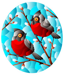 An illustration in the style of a stained glass window with two cardinal birds on willow branches, against a blue sky