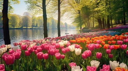Fototapeta premium Landscape of colorful beautiful blooming tulip field in Lisse KEUKENHOF Park Holland Netherlands in spring, with fresh green meadow and trees - Tulips flowers background