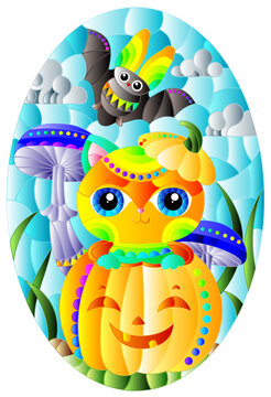 A stained glass illustration with a cute kitten in a pumpkin and a bat, oval image