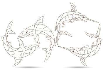 A set of contour illustrations in the style of stained glass with sharks and swordfish, dark outlines on a white background