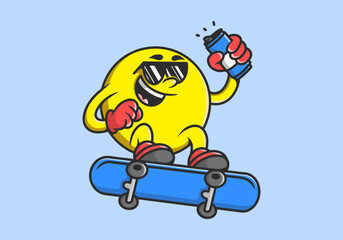 Character of yellow ball head jumping on the skateboard. Holding a beer can