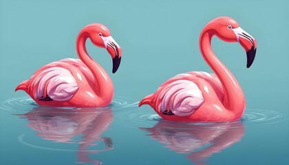 Pink flamingo. Two inflatable flamingos cute swim in the water. Side view. Inflatable floats in the shape of pink flamingos. Summer pool party. Vector illustration isolated on a white background.