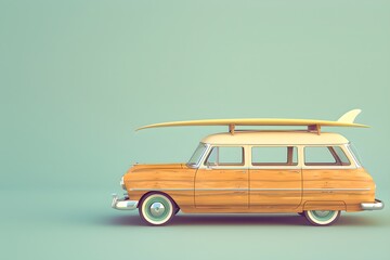 Vintage toy car with surfboard on top. Summer vacation and travel concept. Design for banner, poster, Minimalistic composition with copy space. Retro style and nostalgia - Powered by Adobe