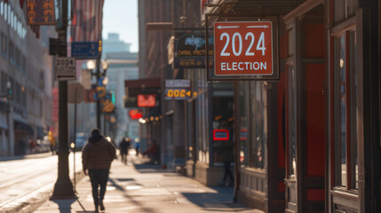 A "2024 Election" sign stands prominently on a city street, showcasing the democratic process and civic participation within the urban landscape.