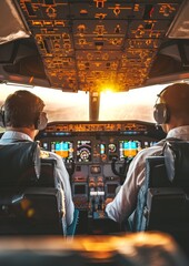 Rear view of the pilots sitting in the cockpit of the plane.