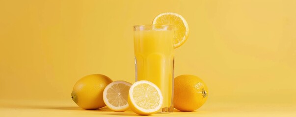 Fresh orange juice in a glass on a yellow background, fresh oranges and lemons around the glass.
