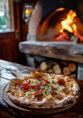Foto op Plexiglas Fresh pizza placed on a wooden table, clay pizza oven in the background. © Simona