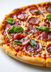 Delicious fresh pizza on a white background.